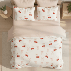 Bettwäsche 135x200 2tlg Schleifen Bettwäsche-Sets mit Kissenbezug 80x80 cm | ÖKO-TEX, Microfaser, Bettbezug, für Mädchen Kinder, Weiß Rosa, Wendebettwäsche, Schleifenmuster, Reißverschluss 01 Schleifen & Rot Kirschen 135x200+80x80cm Angebot bei HelloDeals