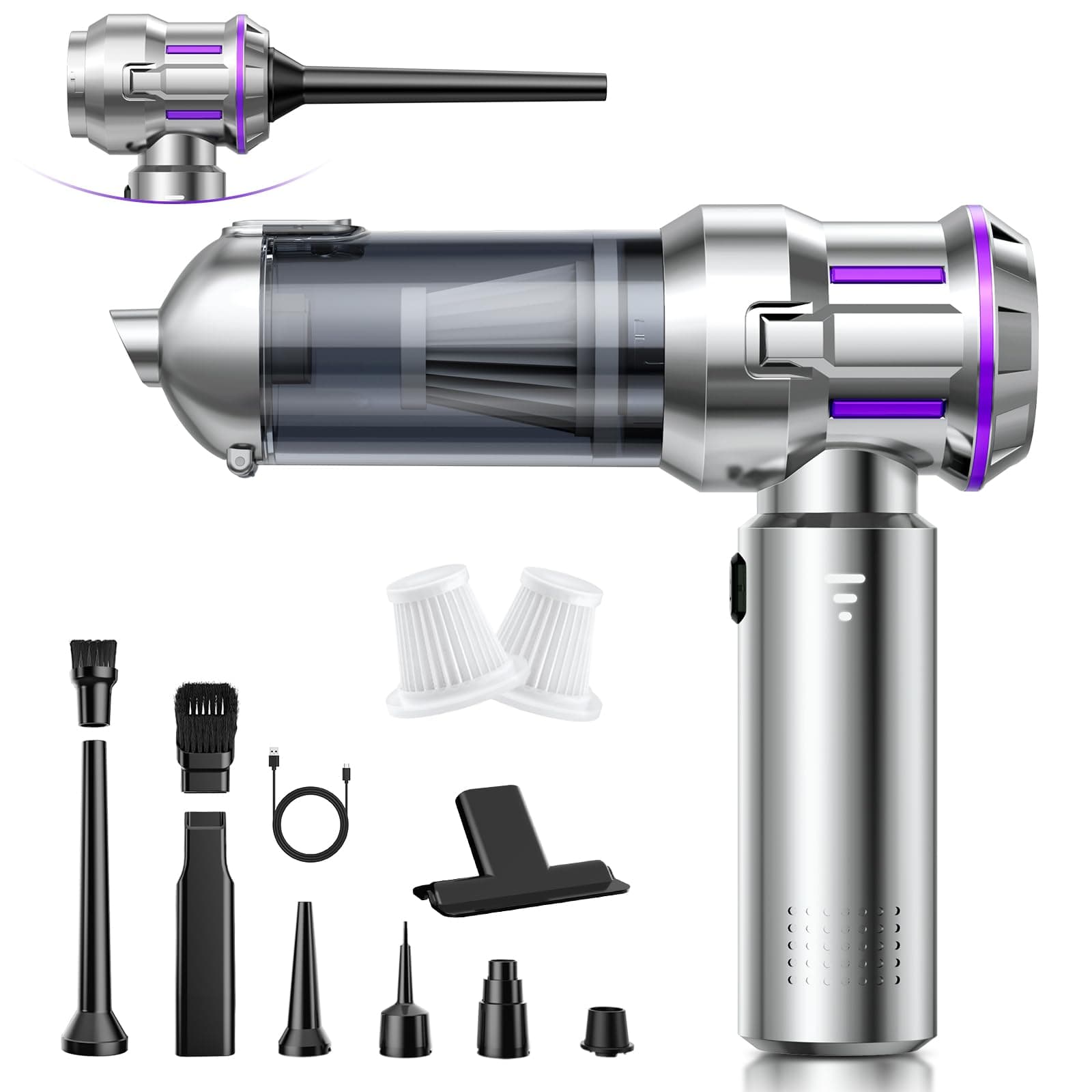 Handstaubsauger, 25000Pa Handstaubsauger Akku Kabellos mit 1-Knopf-Selbstentleerung, 4-in-1 Autostaubsauger Stark mit Bürstenlosem Motor, 3 Stufen Mini Staubsauger, Ideal für Tierhaare, Auto, Haushalt Silber Angebot bei HelloDeals