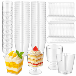 50 Stück Dessertgläser Plastik, Dessertbecher Plastik 160ml mit Löffel | Wiederverwendbar Dessertgläser Plastik, Quadratisch und rund desert becher plastik für Eis Mousse Pudding Party Geburtstag Angebot bei HelloDeals