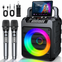 Dislocati Karaoke Maschine mit 2 Wireless Mikrofonen - 20W Tragbarer Party-Lautsprecher, LED-Lichtshow, TWS, AUX/USB, Bluetooth 5.3, 12h Laufzeit - Geschenk Für Erwachsene und Kinder Schwarz Angebot bei HelloDeals