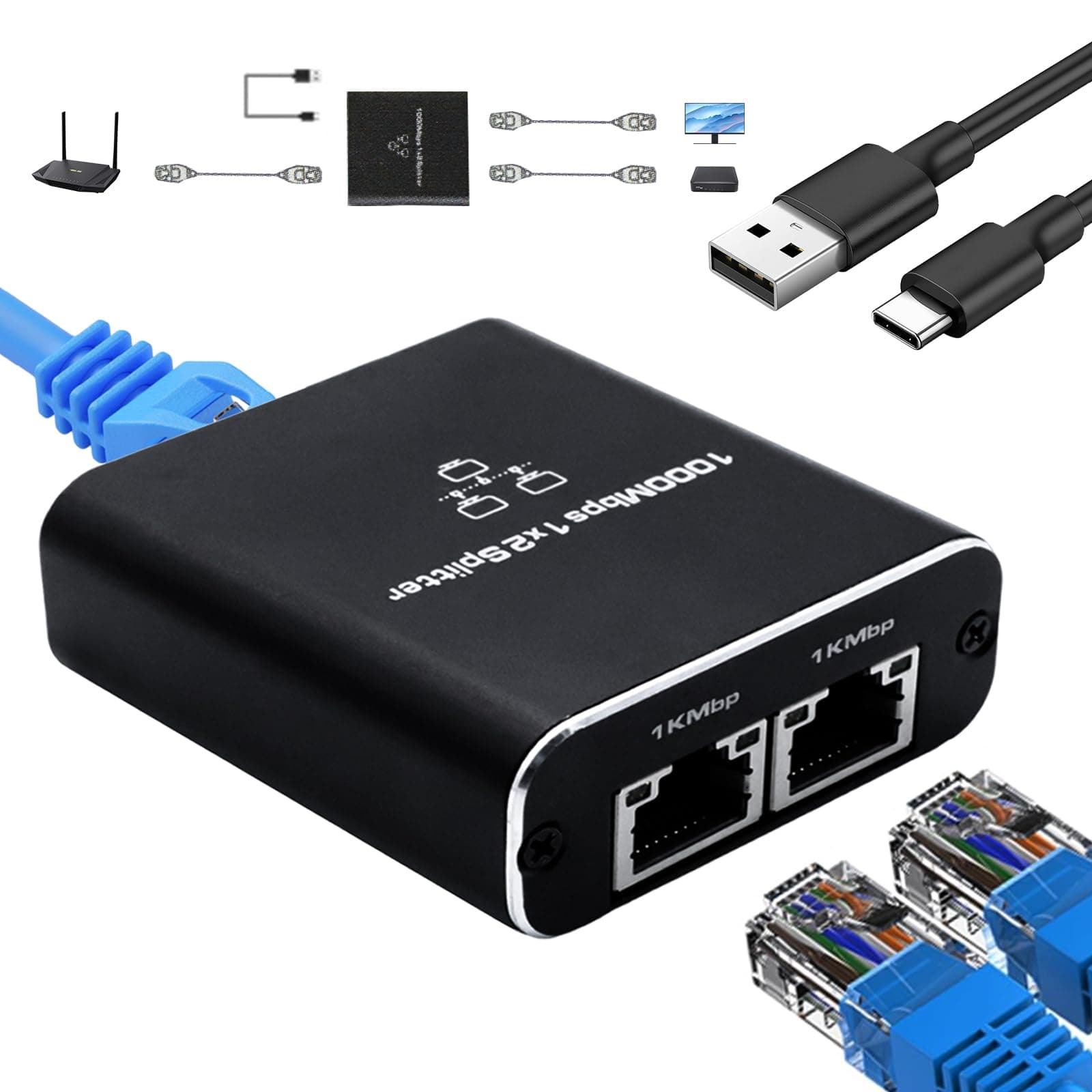 LAN Splitter 1 to 2, 1000 Mbps Gigabit Ethernet Splitter 2 Port with Type-C Power Cable, Aluminum Housing Network Switch for Computer, Hub, Router, Modem, Set-Top Box, Cat 5/5e/6/7/8 Angebot bei HelloDeals