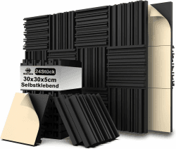 24 Stück Akustikschaumstoff Selbstklebend, Schwarz Gerillte Akustikpaneele 30 x 30 x 5 cm, Hohe Dichte Wandpaneele für Schalldämmung, Schallschutzplatten für Gaming Zimmer und Büro Angebot bei HelloDeals