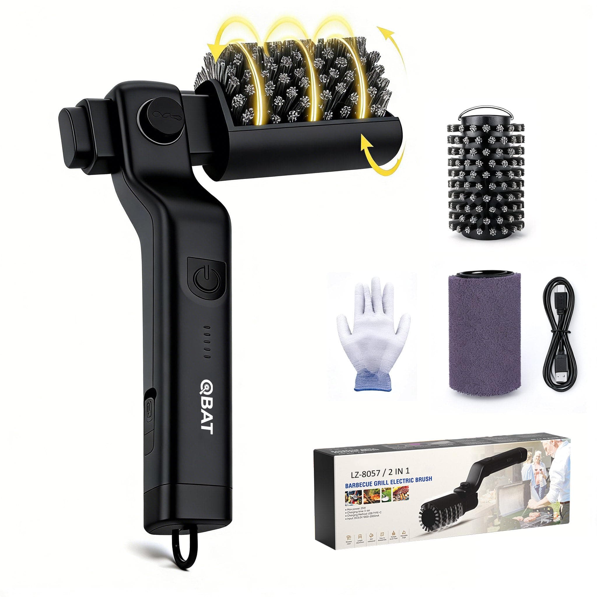 Elektrische Grillbürste Akkubetrieben – 180° Verstellbarer Kopf, 3-Stufen-Motor, 90 Min Laufzeit, Wasserdicht, Edelstahl & Nylon Bürstenköpfe für Grillrost, Smoker, Grillplatte (Schwarz) Angebot bei HelloDeals