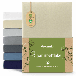 Dreamzie Premium Spannbettlaken 180x200cm bis 200x200cm Beige, Spannbetttuch aus 100% Jersey Biobaumwolle, 150 g/m² - Oeko-TEX 180 x 200 cm - 200 x 200 cm Beige Angebot bei HelloDeals