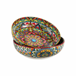 Henten Home Pastateller Set, Suppenteller/Buntes Tiefteller 2er, 1500ml Mehrzweckschalen Salatschüsseln für Suppe, Nudel, Spaghetti, Pasta, Salat - Serie Mylo, Boho Stil Böhmische Schale - Rottöne Angebot bei HelloDeals