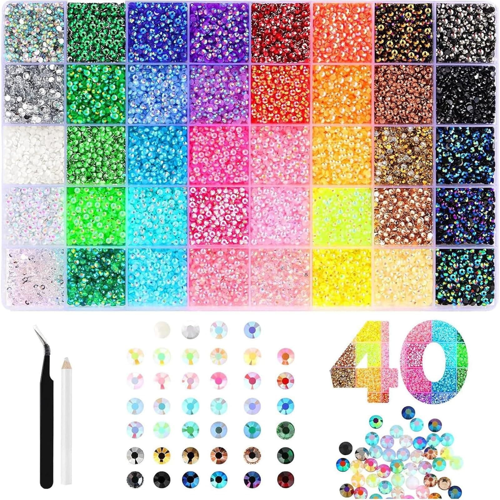 32000-Teiliges Bedazzler Kit, 40 Farben Harz Strasssteinen, 3mm Glitzersteine Bedazzling Kit, Buntes Flatback Rhinestones für Nageldesign, Gesichts-Make-Up, Bastelarbeiten Angebot bei HelloDeals