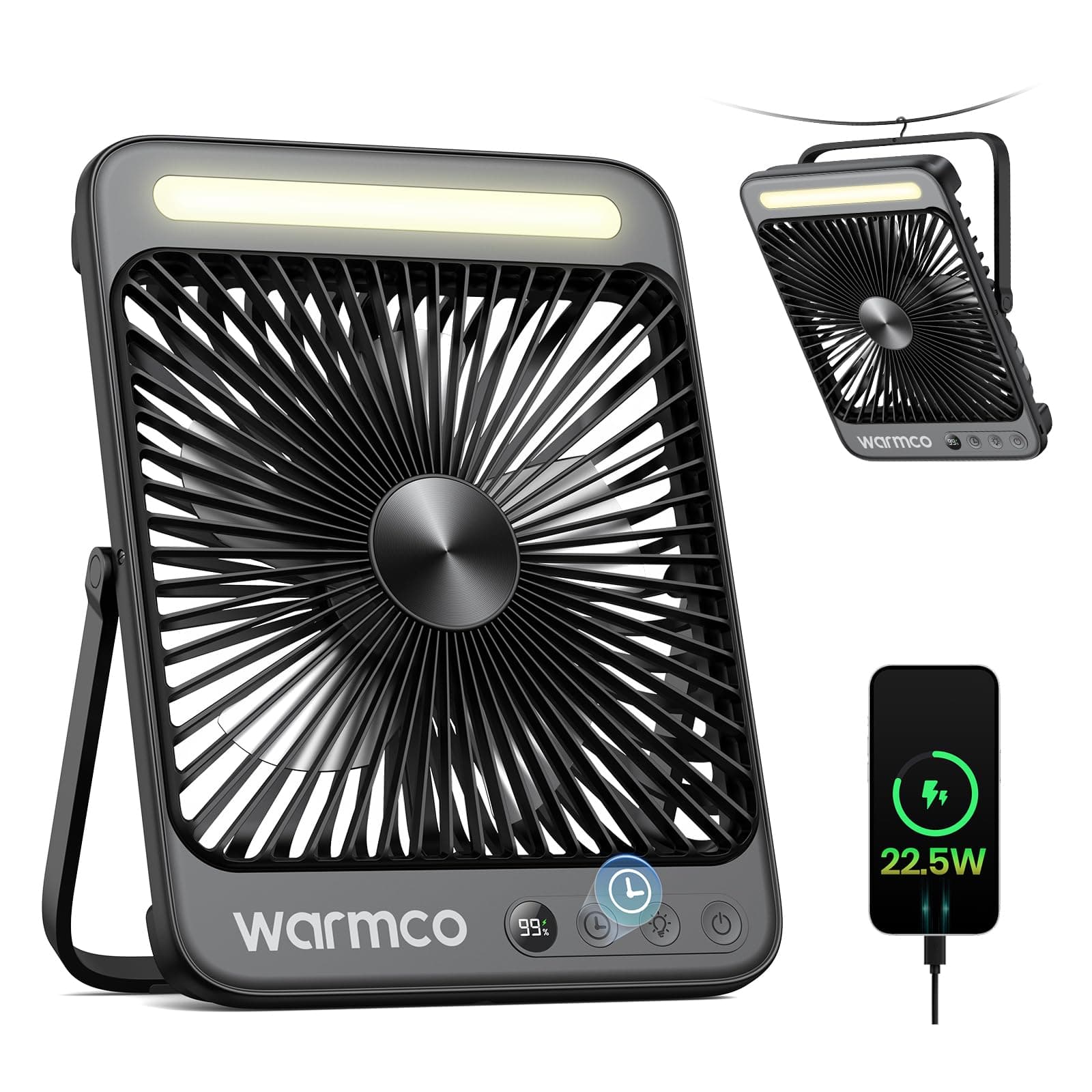 Warmco D4 Pro Camping Ventilator 20000mAh, 18W Laden, 22,5W Ausgang | 48 Std. Laufzeit, 8H Timer, LED-Licht & Haken, Leiser Ultraflacher Ventilator Für Zelt, Schlafzimmer, Wohnmobil Angebot bei HelloDeals