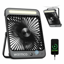 Warmco D4 Pro Camping Ventilator 20000mAh, 18W Laden, 22,5W Ausgang | 48 Std. Laufzeit, 8H Timer, LED-Licht & Haken, Leiser Ultraflacher Ventilator Für Zelt, Schlafzimmer, Wohnmobil Angebot bei HelloDeals