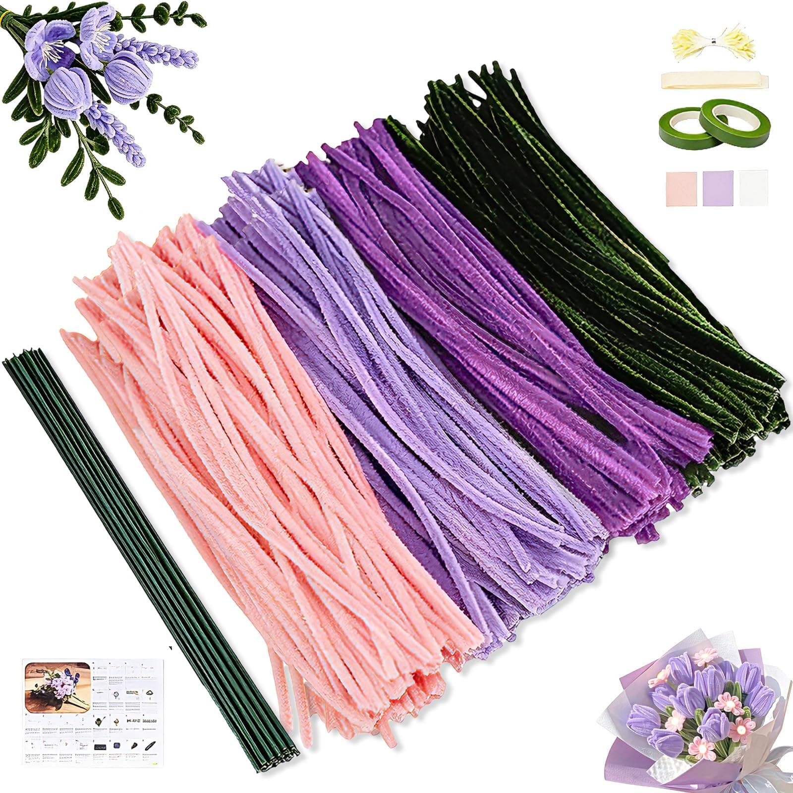 Pfeifenreiniger Blumen Set, 300 Stück Pfeifenputzer zum Basteln, Pfeifenreiniger zum Basteln, mit Grüne Bastelfaden, Klebeband, Geschenkpapier für Blumenstrauß DIY, Violett Violett-300 Angebot bei HelloDeals