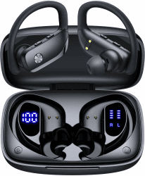 Bluetooth Kopfhörer Sport, In Ear Kabellose Earbuds mit 80h Wiedergabe, Dual LED-Anzeige, Über Ohr-Haken mit Mic, Stereo Klang, Einfache Tastensteuerung, Sport Kopfhörer für joggen, Workout Fitness Obsidian Black Angebot bei HelloDeals