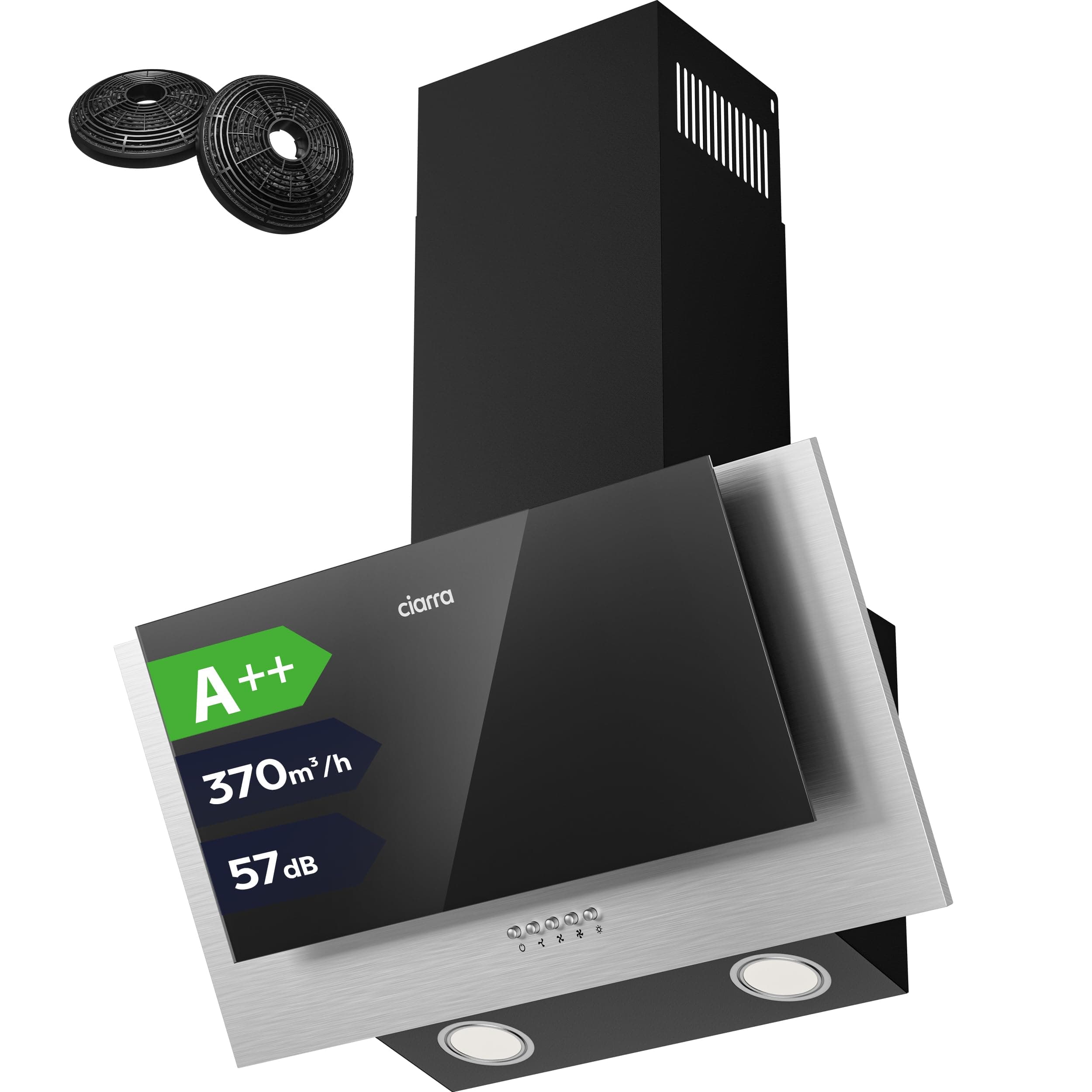 CIARRA CBCB6736C Dunstabzugshaube 60 cm Kopffrei Wandhaube | 57 dB 370 m³/h | Leise Schwarz Schräghaube Umluft Abluft | LED-Beleuchtung CBCF002X2 Aktivkohlefilter Fettfilter 3 Sstufen für Wohnung Küchen 370.0 Kubikmeter pro Stunde Schwarz A++ 60cm Angebot bei HelloDeals