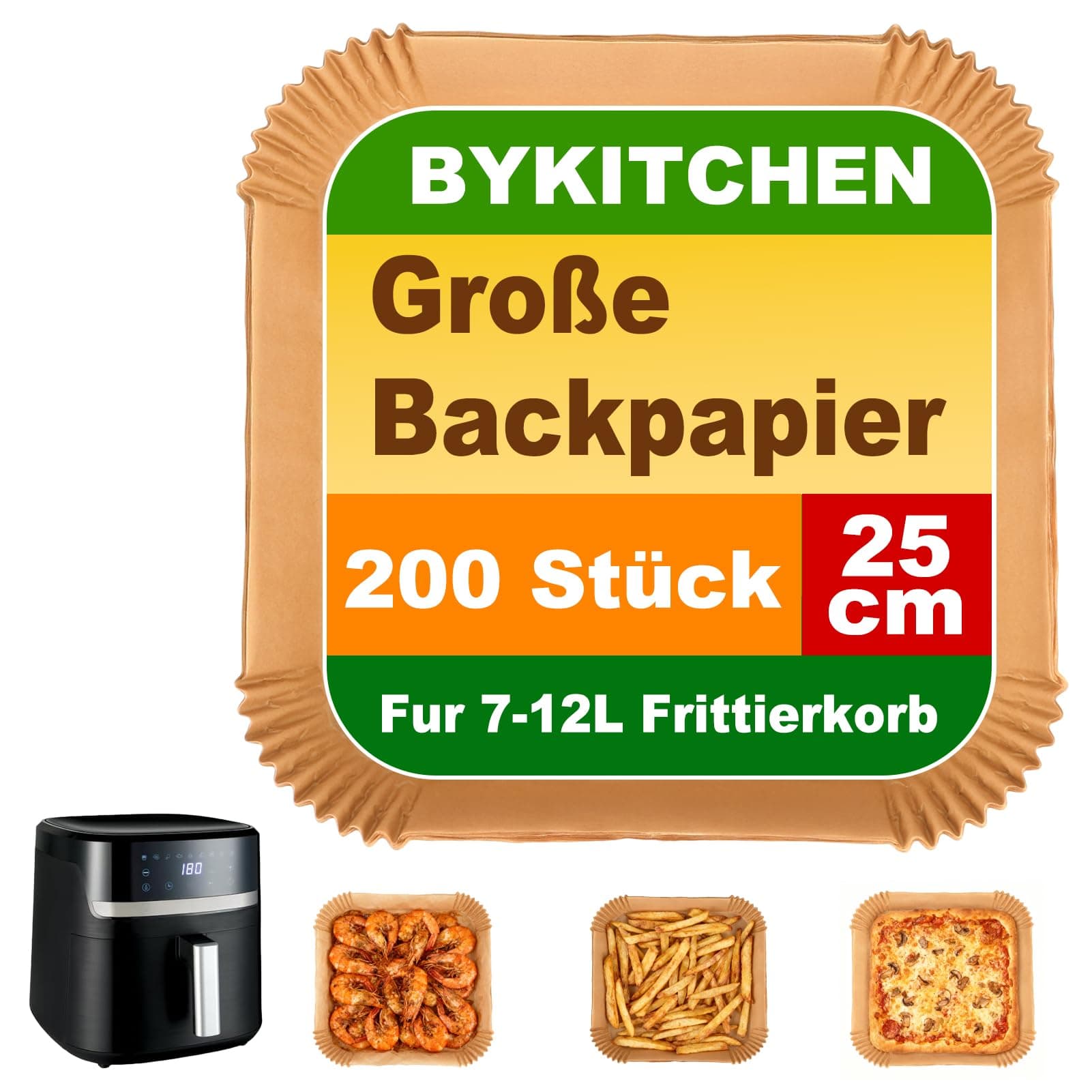 BYKITCHEN 200 Stück Backpapier Airfryer für 8L-12L Heißluftfritteuse, 25cm, Antihaft Eckig Hitzebeständig Airfryer Papier Auflaufform für Russell Hobbs XXL 8,3L Airfryer,für Mikrowelle, Backofen 25 cm Angebot bei HelloDeals