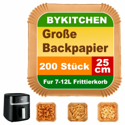 BYKITCHEN 200 Stück Backpapier Airfryer für 8L-12L Heißluftfritteuse, 25cm, Antihaft Eckig Hitzebeständig Airfryer Papier Auflaufform für Russell Hobbs XXL 8,3L Airfryer,für Mikrowelle, Backofen 25 cm Angebot bei HelloDeals