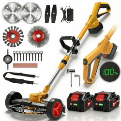 Rasentrimmer mit Akku und Unkrautbürste, Akku Rasentrimmer für Makita-Akkus mit 4 Klingentypen und 2 x 4.0Ah Bürstenlose Freischneider Akku für Garden Trimmen (Gelb) Angebot bei HelloDeals
