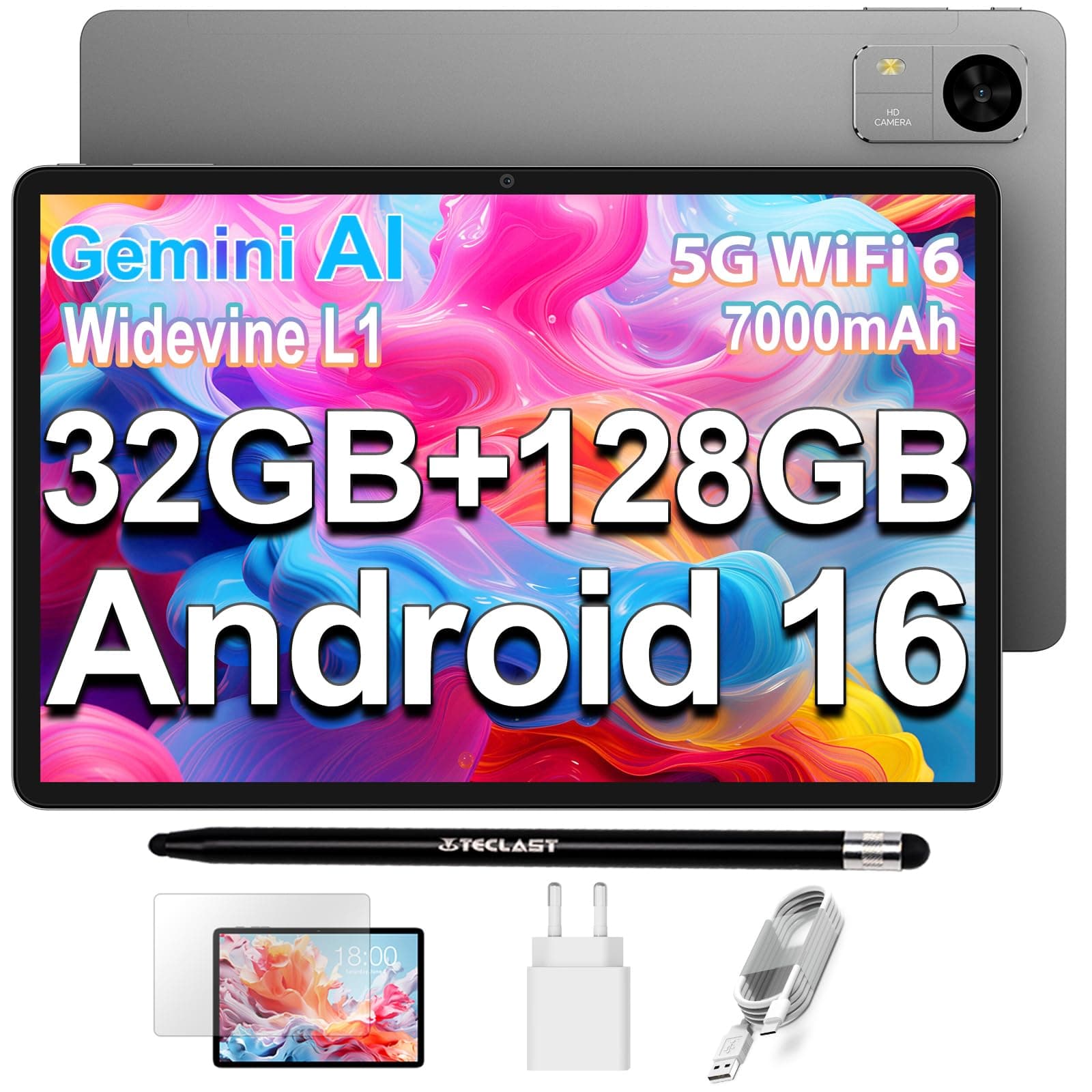 TECLAST M50T Tablet 10.1 Zoll Android 16 mit Gemini AI, Octa-Core, 32GB RAM+128GB ROM+5TB TF, 7000mAh Akku, 2.4G+5G WLAN, GMS Widevine L1, 13MP/Bluetooth 5.4/3.5MM/OTG, 2026 Neuestes Tablets mit Stift Light Grey Angebot bei HelloDeals