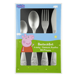 Peppa Wutz Kinderbesteck Set 4-teilig - Edelstahl rostfrei mit Messer, Gabel, Suppenlöffel und Dessertlöffel - geprägtes Peppa Motiv, silber - Kinder Besteck, Esslern-Besteck Angebot bei HelloDeals