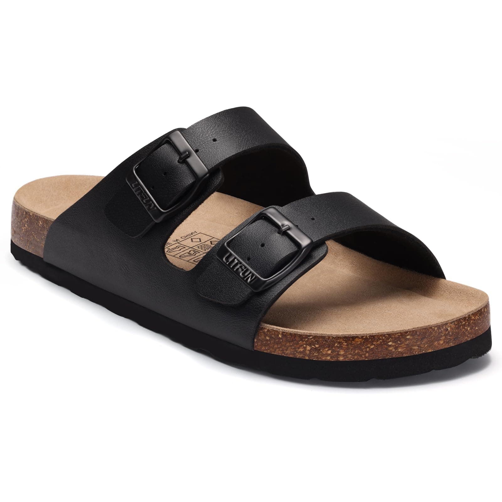 Litfun Damen Pantoletten Sandale mit Korkfußbett | Sommer Sandale mit verstellbarer Schnalle, sanfte Fußgewölbeunterstützung, Doppelriemen-Design, veganes Leder 39 EU Schwarz Angebot bei HelloDeals