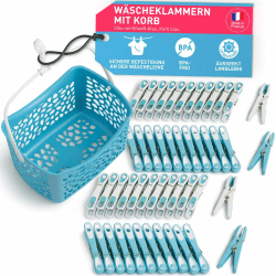 culiclean Wäscheklammern mit Korb, 48x + 1 Korb, eco blau-Weiss | Klammerkorb und Wäscheklammer Blume, stabile Kluppen mit Softgrip, 80 mm, windfest, UV-beständig, BPA-frei, Made in France 48 Stück Eco Blau-weiss mit Korb Blau und Henkel Weiss Angebot bei HelloDeals