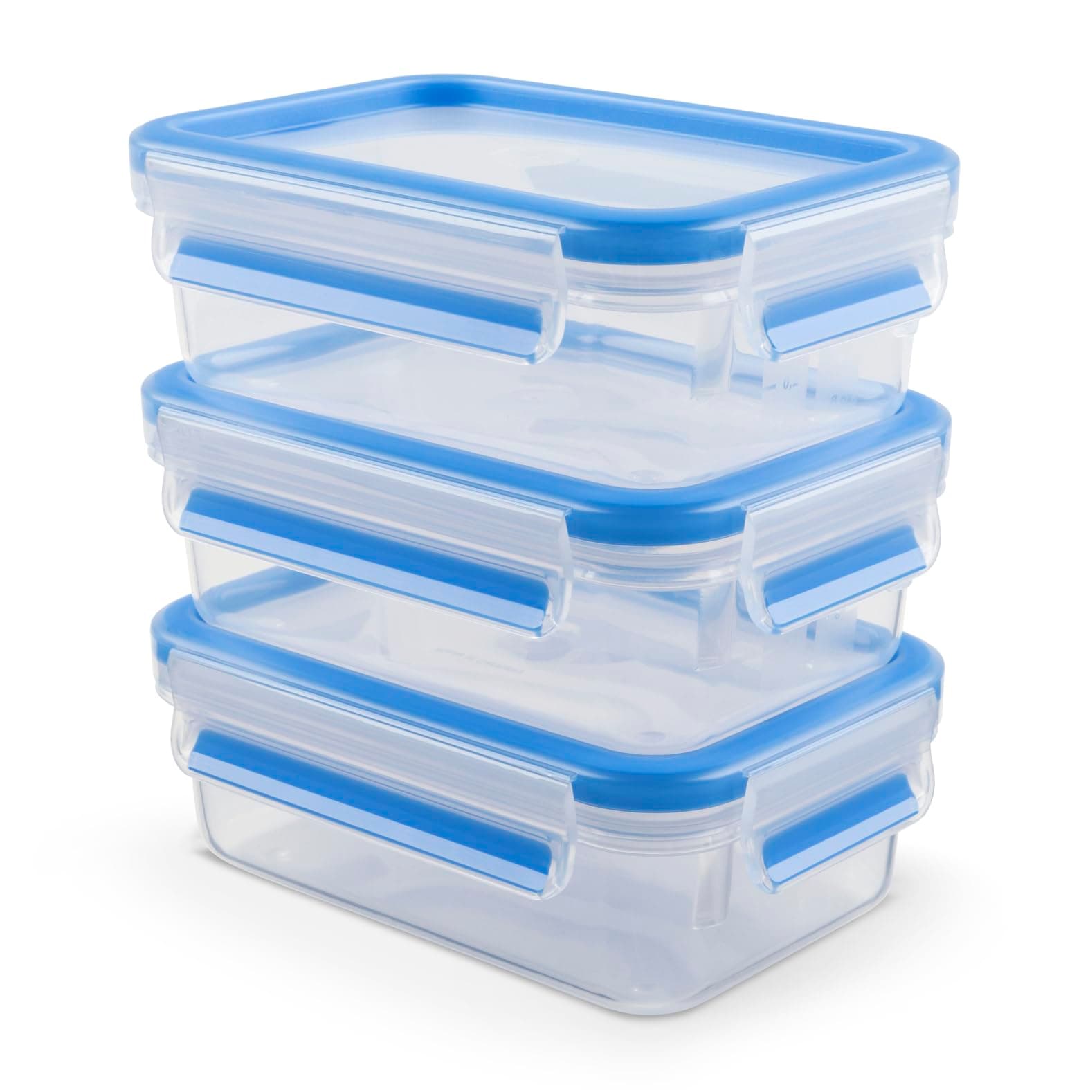 EMSA Clip & Close Frischhaltedosen-Set, rechteckig, 3 x 0,55 L, Aufbewahrungsboxen, 100 Prozent dicht, spülmaschinen-, gefrier-, mikrowellenfest, Transparent, Blau, Made in Germany, N10312 Transparent / Blau 3x0,55 L Angebot bei HelloDeals