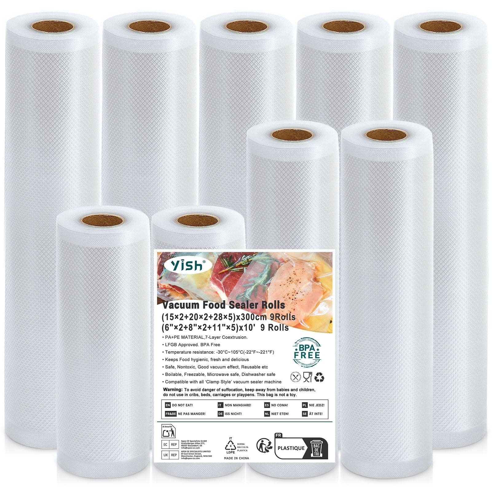 YISH Vakuumierbeutel 9 Rollen, 15/20/28 x 300 cm Vakuumierfolie | Vakuumrollen für Vakuumiergerät Sous Vide Garen & Mikrowelle, Vakuumbeutel Lebensmittel BPA-frei Angebot bei HelloDeals