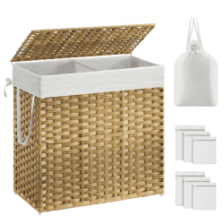 SONGMICS Wäschekorb mit Deckel, Wäschesammler 130 Liter, 2 Fächer, herausnehmbarer Wäschesack mit Griffen, handgeflochten, für Schlafzimmer, Badezimmer, 33 x 66 x 60 cm, naturfarben LCB253N01 Naturfarben 130 Liter Angebot bei HelloDeals