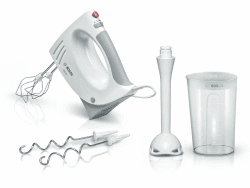 Bosch Handrührer MFQ3540, Handrührgerät, 2 Rührbesen, 2 Edelstahl-Knethaken, spülmaschinengeeignet, 5 Stufen, Pürierstab, Mixbecher, 450 W, weiß Single Angebot bei HelloDeals