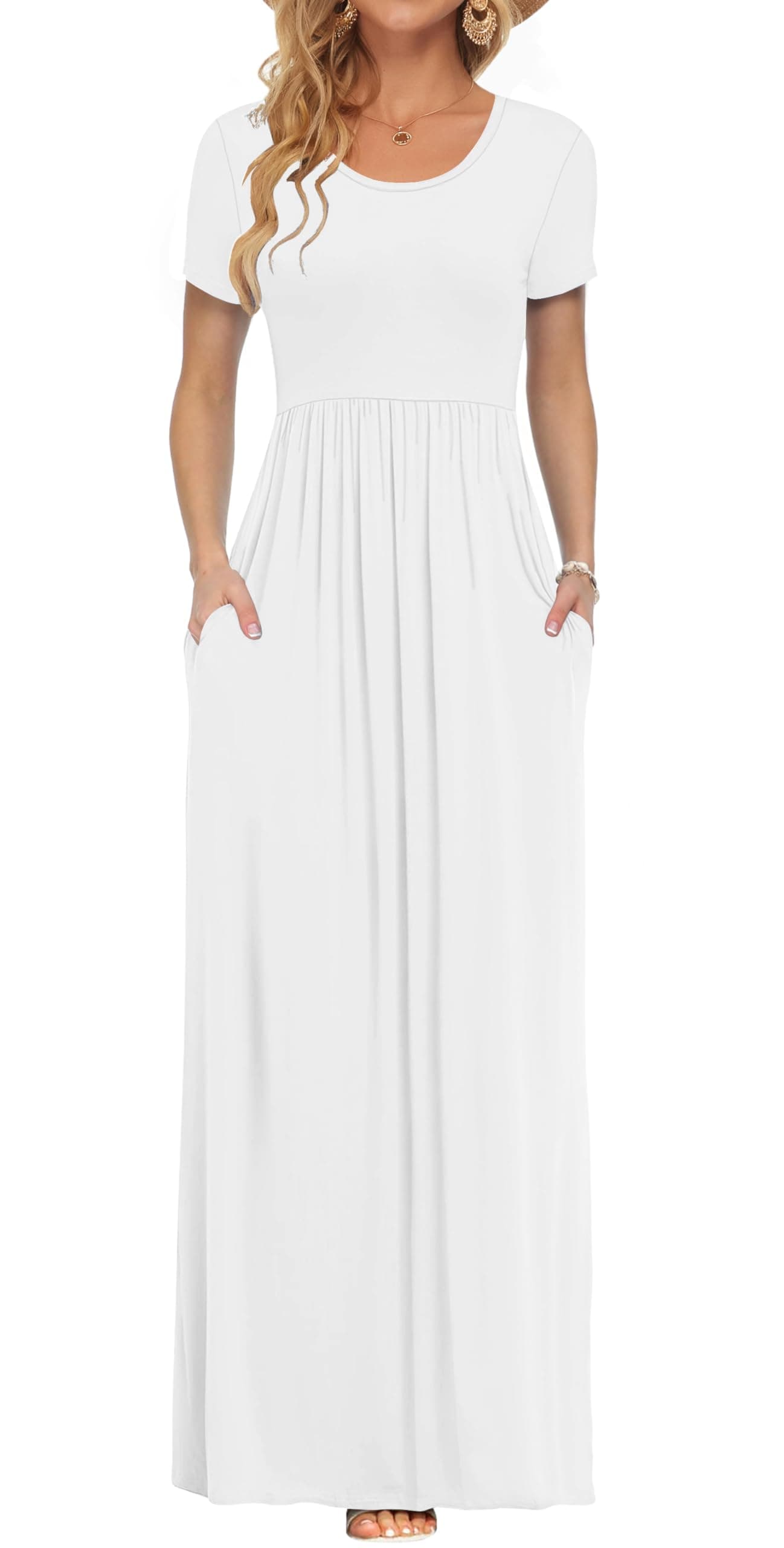 AUSELILY Damen Kurzarm Sommer Casual Long Maxi Kleider mit Taschen | Ganzjähriges Tragen, solider Blumendruck, Freizeitkleidung, Empire-Taille, Bodenlänge, Seitentaschen Weiß XXL Angebot bei HelloDeals