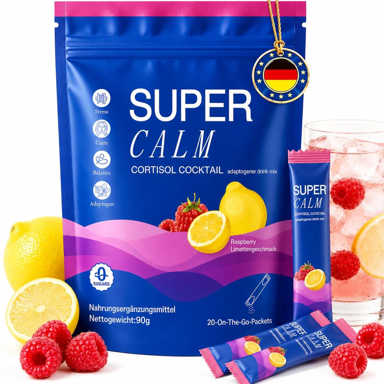 Cortisol Cocktail Pulver, 20 Stücks Supercalm Cortisol Senken Balance Abnehmen Pulver mit L-Theanin, Ashwagandha, Magnesiumglycinat & Vitamin D3 – Für Stress, Schlaf, Fokus & Figur – Himbeer-Zitrone Angebot bei HelloDeals
