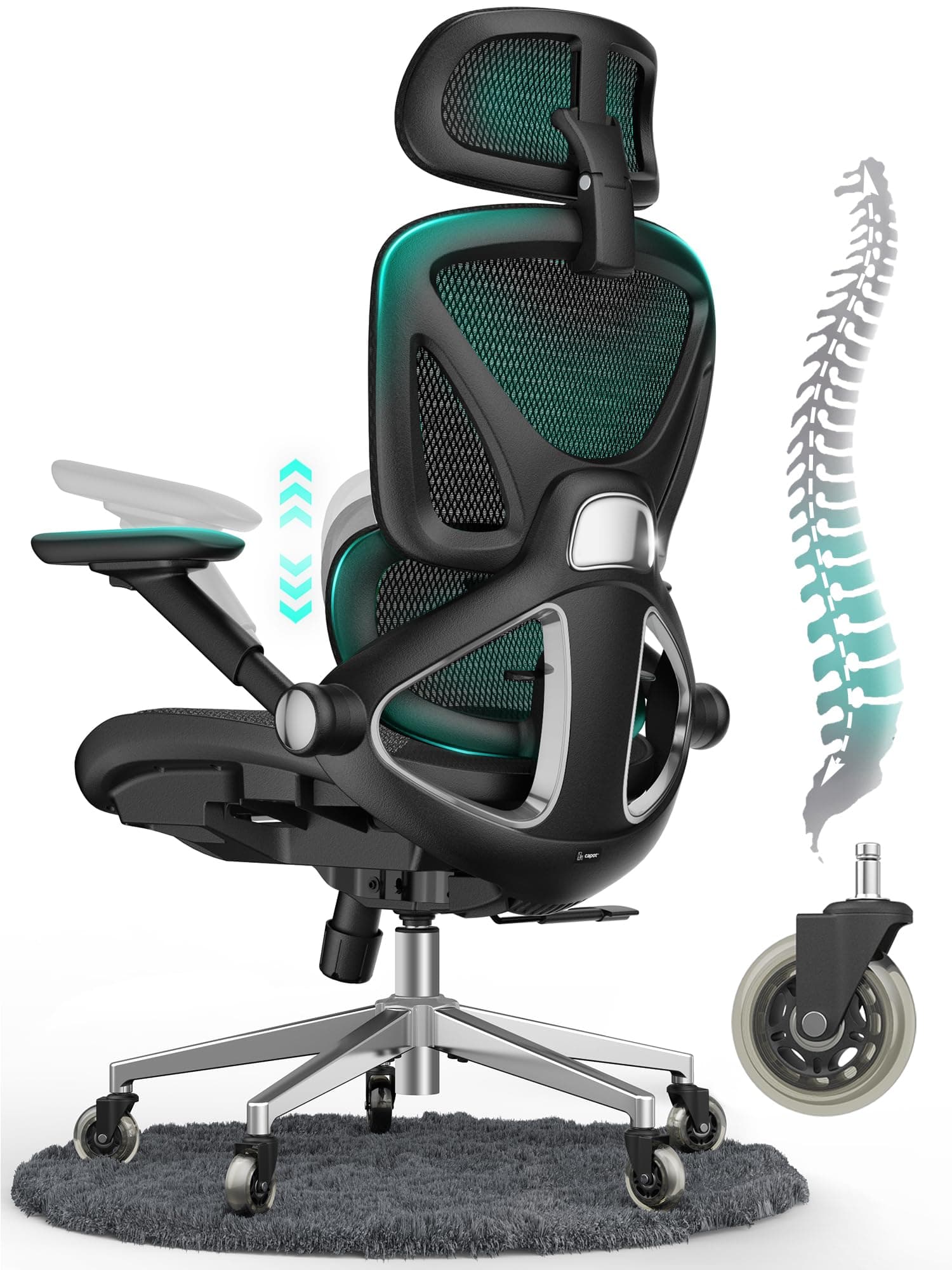 CAPOT Ergonomischer Bürostuhl aus Netzstoff, Verstellbarer Schreibtischstuhl mit hoher Rückenlehne, 180 kg, 4D-Klapparme, 3-stufige Neigungslehne, 3D-Kopfstütze, PU-Räder, drehbarer Computerstuhl für Hartbodenrollen(schwarz) Standard Angebot bei HelloDeals