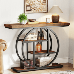 Tribesigns Konsolentisch Schmal 105 x 30 cm, Flurtisch mit 4 Ablagen, Industrieller Eingangstisch mit Rundem Metallrahmen, Flurkonsole für Kleine Räume, Wohnzimmer und Foyer, Rustikal Braun Rustikales Braun Angebot bei HelloDeals