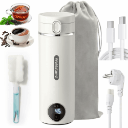 Reisewasserkocher Tragbar Mini - 500ml Elektro-Thermobecher mit 300W & USB-C (20-100W) - Trockenheizungsschutz - 6 Temperaturstufen & 24h Haltefunktion - 316 Edelstahl (Weiß) Angebot bei HelloDeals