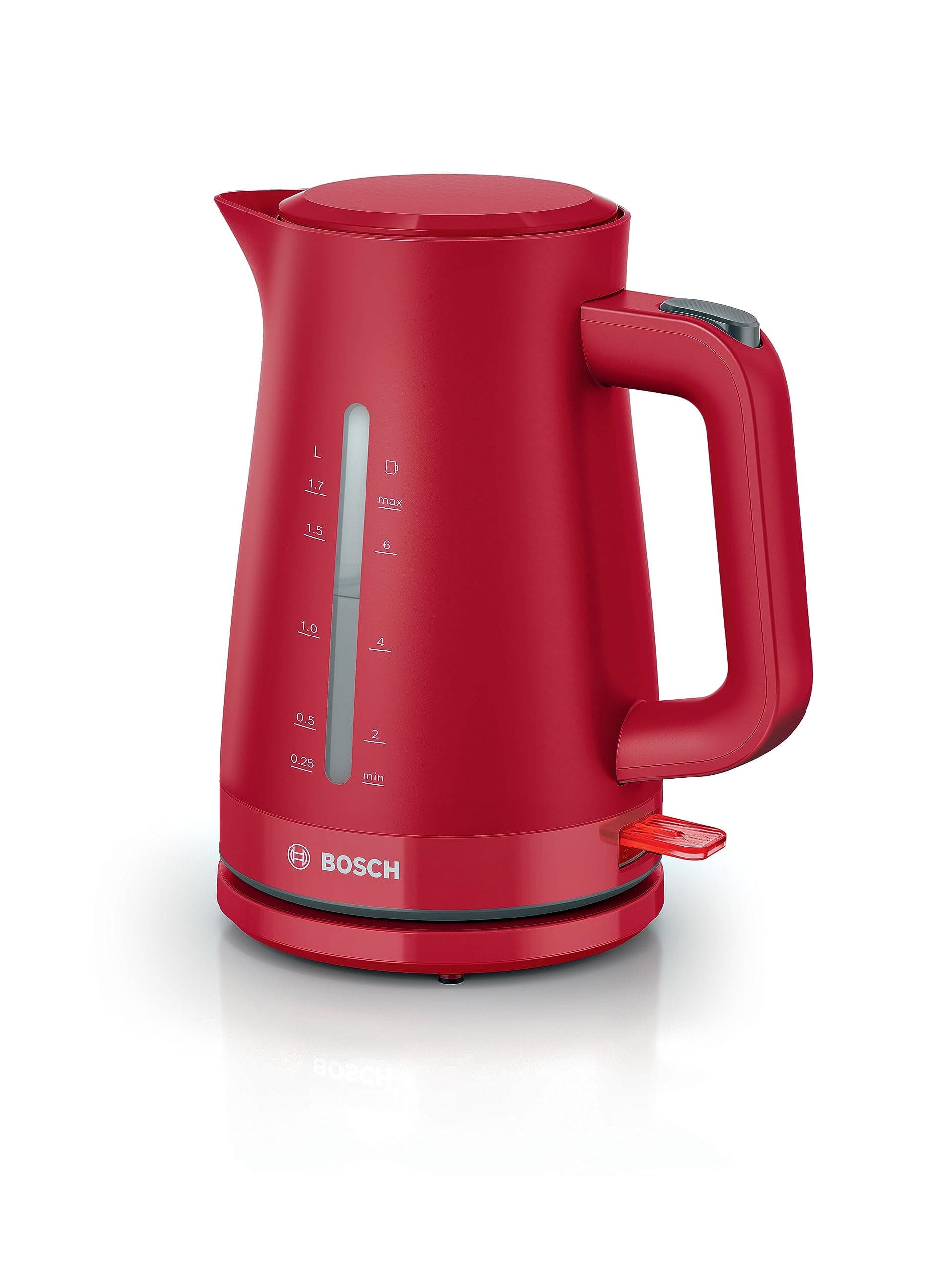 Bosch kabelloser Wasserkocher MyMoment TWK3M124, Abschaltautomatik, Überhitzungsschutz, Tassenanzeige, beidseitige Wasserstandsanzeige, entnehmbarer Kalkfilter, 1,7 L, 2400 W, Rot matt Angebot bei HelloDeals