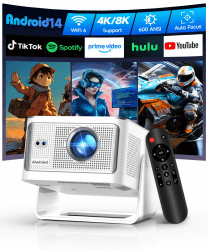 Mini Beamer Projektor 4K/8K Unterstützt, Native 1080P 600 ANSI für Heimkino | Android 14, Apps Integriert, Autofokus, 15W-Lautsprecher, Auto Keystone, WiFi 6, BT 5.4, klein für Outdoor, Smart TV & Handy weiß Angebot bei HelloDeals