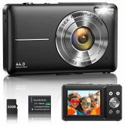 Digitalkamera 1080P 44MP Vlogging Kamera für Kinder Jugendliche, FHD Kompaktkamera Fotokamera mit 2,4" Bildschirm 16X Zoom, Anti-Shake Minikamera für Anfänger Studenten Jungen Mädchen-Schwarz black Angebot bei HelloDeals