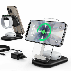 Induktive Ladestation,Mag Safe Ladegerät, 3 in 1 Mag Safe Ladestation Kompatibel mit iPhone 17e 17 16 15 14 13 12 Pro Max/Air/Plus/Pro, 15W Wireless Charger faltbar für Apple Watch10/9,Airpods 3/2/Pro Tief Schwarz Angebot bei HelloDeals