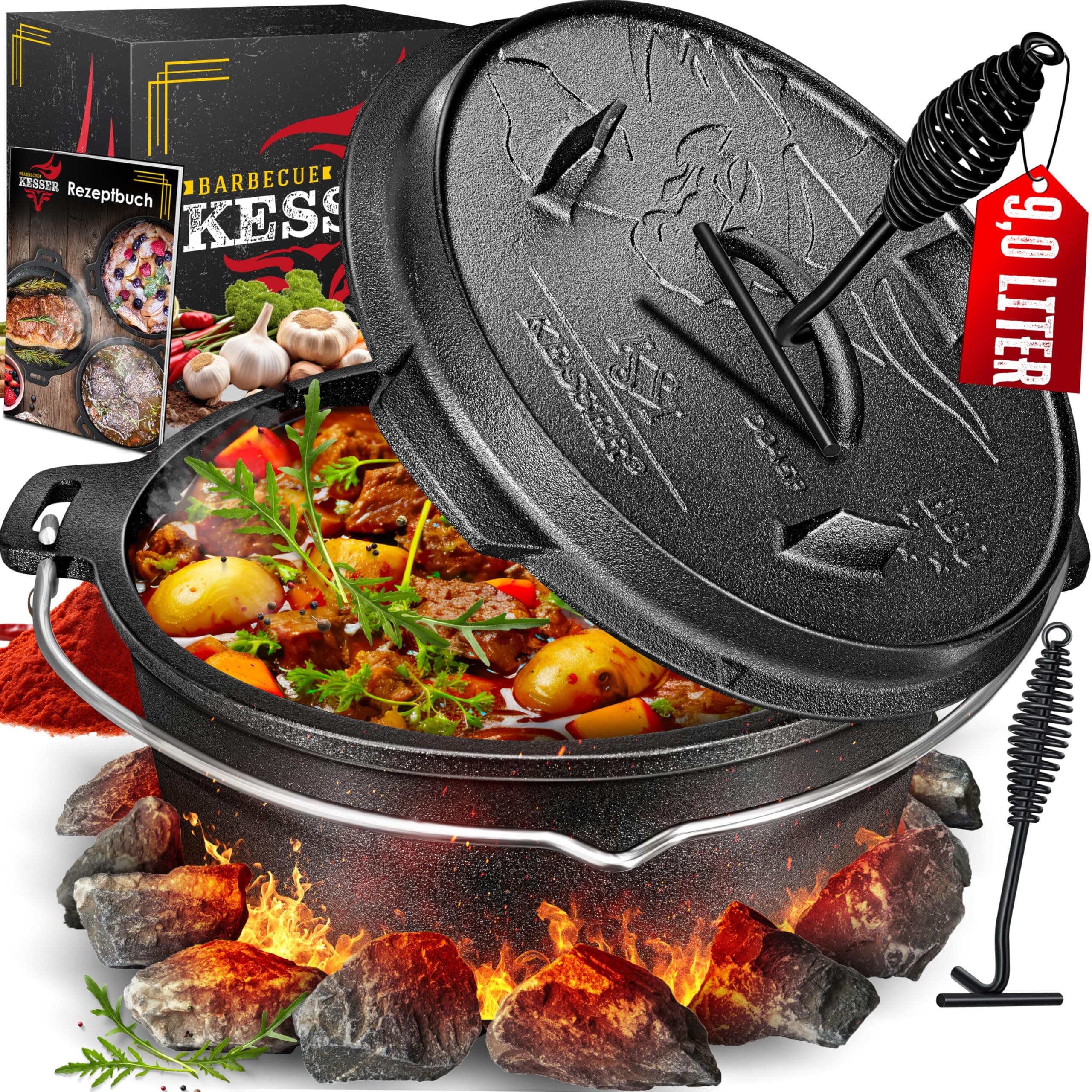 KESSER® Dutch Oven Set BBQ 9 Liter, Feuertopf Schmortopf mit Füßen, Gusseisen Topf mit Deckelheber Henkel und Schlitz für Themormeter, kochkessel Grilltopf Gulaschkessel für Oudoor & Indoor Schwarz Premium 9 liter Angebot bei HelloDeals