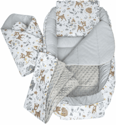 Medi Partners Babynest Nestchen Baby Set für Neugeborene - 100x60x15 Kuschelnest 5 teilig tragbar Nest zweiseitig Babynestchen Bett 100% Baumwolle (REH mit Grauem Minky) Angebot bei HelloDeals