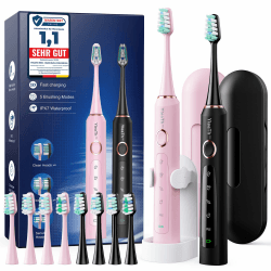 2 Stück Elektrische Zahnbürste Schallzahnbürste für Erwachsene und Kinder - Electric Toothbrush mit 8 Bürstenköpfen (2 Typen) und 5 Modi. 90 Tagen Akkulaufzeit, 2 Minuten Smart Timer, Reiseetui Schwarz + Rosa Angebot bei HelloDeals