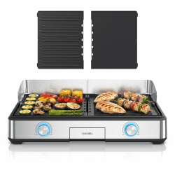 Arendo - Tischgrill elektrisch mit 2 Grillzonen - Electric grill 2 Thermostate - Elektrogrill Edelstahl – 2800W Leistung – Antihaft-Beschichtung –Spritzschutz – Für Balkon Küche Terrasse Garten B: 2 Grillzonen Angebot bei HelloDeals