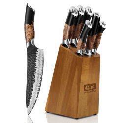 SHAN ZU Messerset 7 teilig, Japanisches Küchenmesser Set mit Block, 7 Schichten Hochwertigem Carbon Stahl Scharf Messerset für die Küche, Professionelles Kochmesserset mit Schärfer | 7 Lagen Carbonstahl & 10Cr15MoV-Stahlkern, Wetzstahl, Ahornholz-Griff & Angebot bei HelloDeals