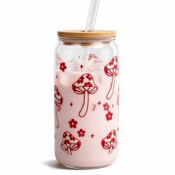 Mason Life Glasbecher mit Deckel und Strohhalmen, Rosa Pilz-Eiskaffeetasse, 530ml Niedlicher Glasbecher Geschenk für Frauen Mädchen Freundinnen | Matcha-Smoothie-Becher mit Schlüsselanhänger und Strohhalm-Abdeckung, Valentinstagsgeschenk für Mutter, Teena Angebot bei HelloDeals