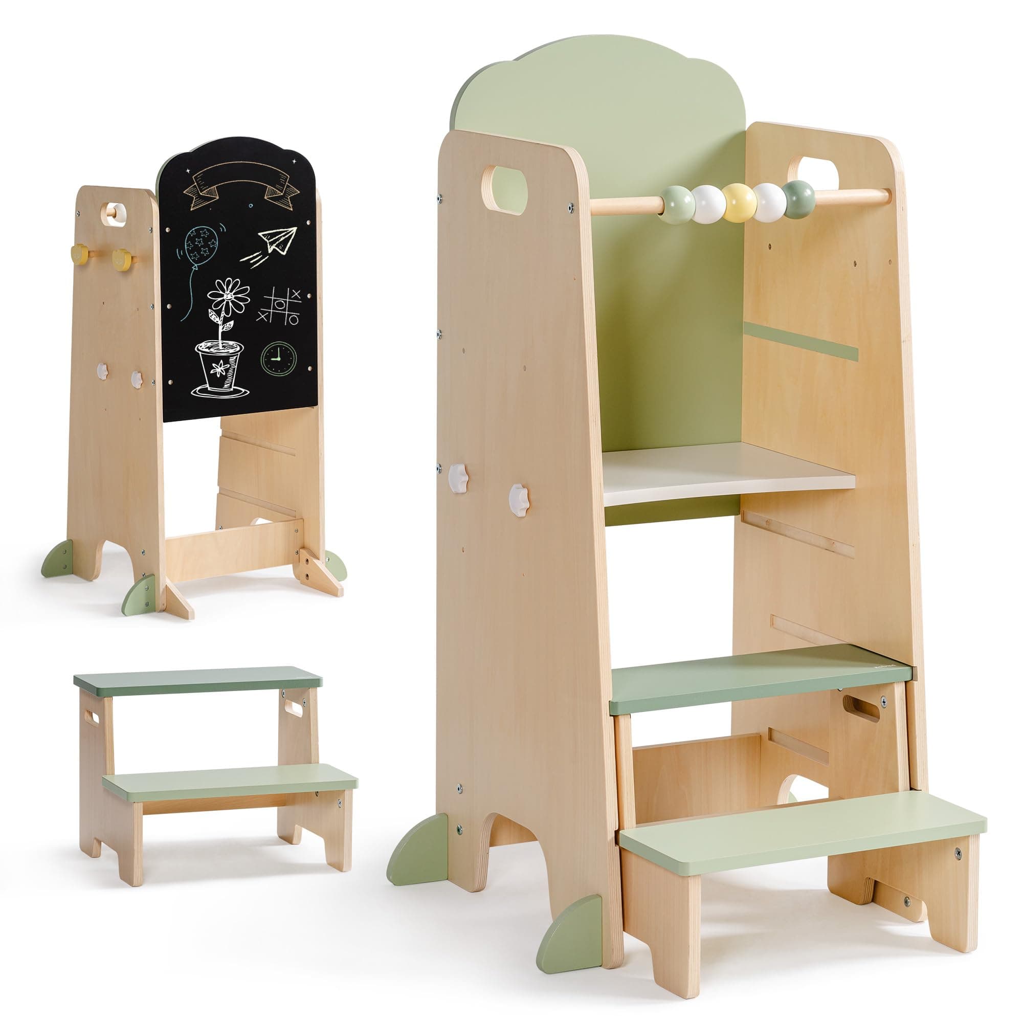 ROBUD 2-in-1 Montessori Lernturm für Kinder mit Kreidetafel & Aufhängern, Höhenverstellbar, Abnehmbarer Tritthocker, Küchenhelfer aus Holz ab 2 Jahren Angebot bei HelloDeals