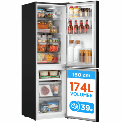 Comfee 174L Kühl-Gefrierkombination,150cm H,39dB, Low Frost,180° flipregal | 150cm Höhe, 115L Kühlteil+59L 4 Sterne Gefrieren -24℃, EEK E, 180° flipregal, 3 Glasablagen, 1 große Gemüseschublade Schwarz Angebot bei HelloDeals
