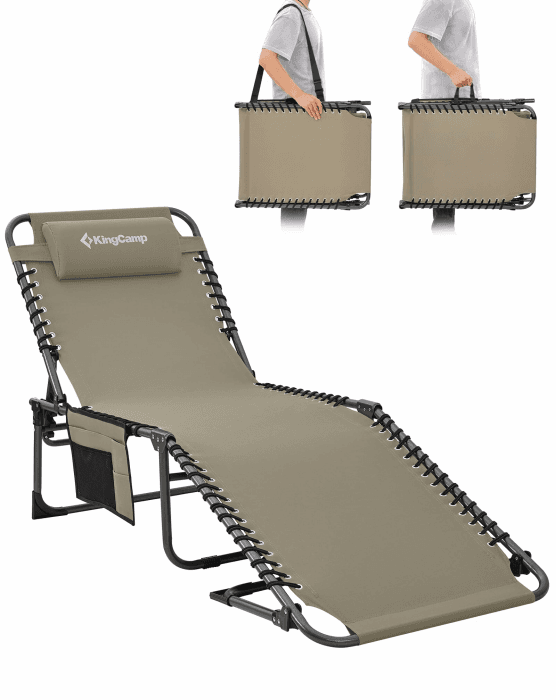 KingCamp Sonnenliege Klappbar 5-Position-Verstellbare, bis 180 kg, Beige | Gartenliege Klappbar, mit Kopfstütze & Seitentasche, Sonnenliege Wetterfest, Strandliege für Garten Terrasse Pool Camping Basic Beige 1 Stück Angebot bei HelloDeals