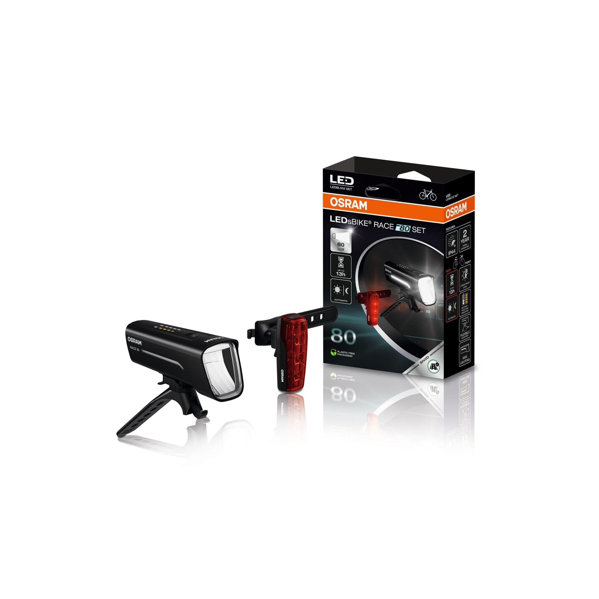 OSRAM LEDsBIKE Race 80 Set, wiederaufladbares Fahrradlichtset, StVZO-zugelassenes Front- und Rück-LED-Lichtset, Mehrere Beleuchtungsmodi, DREI Helligkeitsstufen, 80 Lux | StVZO-zugelassenes Front- und Rück-LED-Lichtset, Mehrere Beleuchtungsmodi, DREI Hell Angebot bei HelloDeals