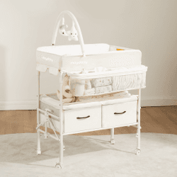 Maydolly Tragbarer Wickeltisch für Babys, Multifunktionaler Faltbarer Wickeltisch, Höhenverstellbar mit Rädern und 2 Aufbewahrungskörben, Wasserdichtes Sitzkissen zum Wickeln, Beige Angebot bei HelloDeals