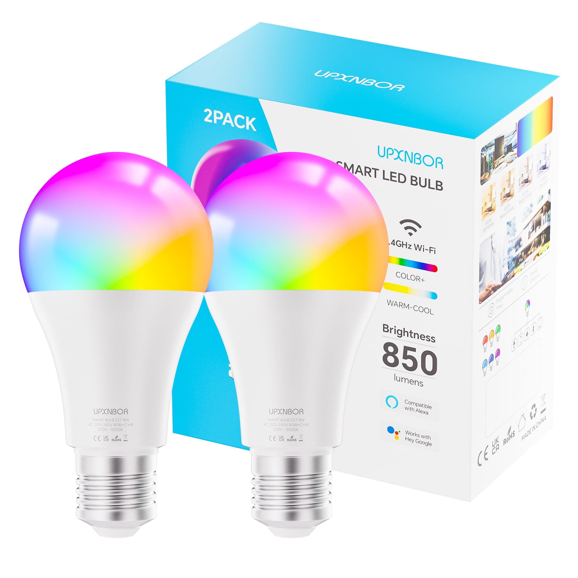 Smarte Glühbirne E27 LED RGBWW WLAN Lampe, 9W, 2 Stück | Kompatibel mit Alexa & Google Assistant, 16 Mio. Farben, 1–100 % dimmbar, 850 lm, 2,4 GHz WLAN 2er Pack Angebot bei HelloDeals