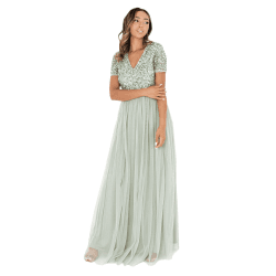 Damen Ballkleid Abendkleid V-Ausschnitt Maxi Länge Pailletten Kurze Ärmel für Hochzeit Geburtstag Brautjungfer Grün 52 Angebot bei HelloDeals