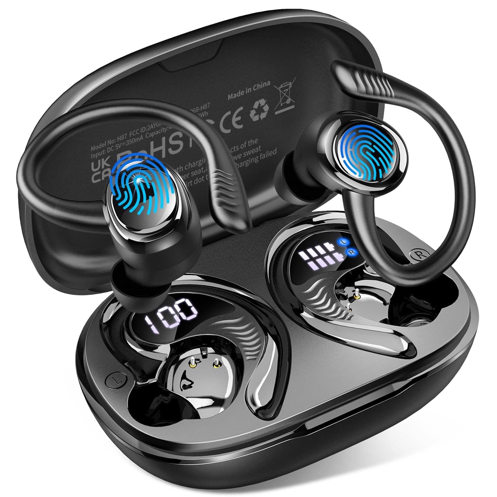 Bluetooth 5.4 Kopfhörer Sport, 2026 Kopfhörer Kabellos Bluetooth 6D Bass | App EQ Steuerung/4 ENC Mic/50H Noise Cancelling Ear buds, USB-C Sportkopfhörer IP7 Wasserdicht In Ear Ohrhörer für Joggen Gym A-schwarz Angebot bei HelloDeals