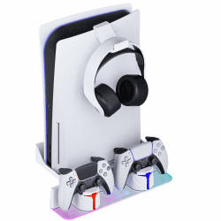 Hosanwell PS5 Wandhalterung Kit mit Ladestation, Kompatibel mit Playstion 5/Slim/Pro Disc & Digital Version, Dual Use Ladestation mit Multi-Mode RGB Licht, PS5 Wandhalterung Konsole Grauweiß Angebot bei HelloDeals